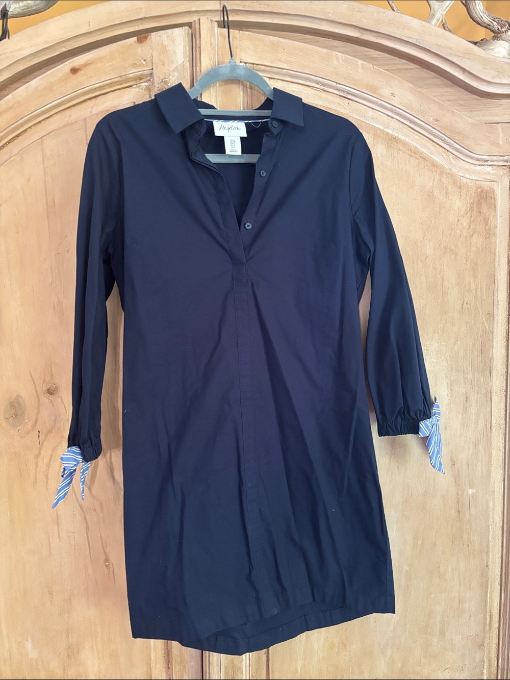 Heyton Navy Shirt Dress with Striped Cuff Tie!  Cute!  Small.